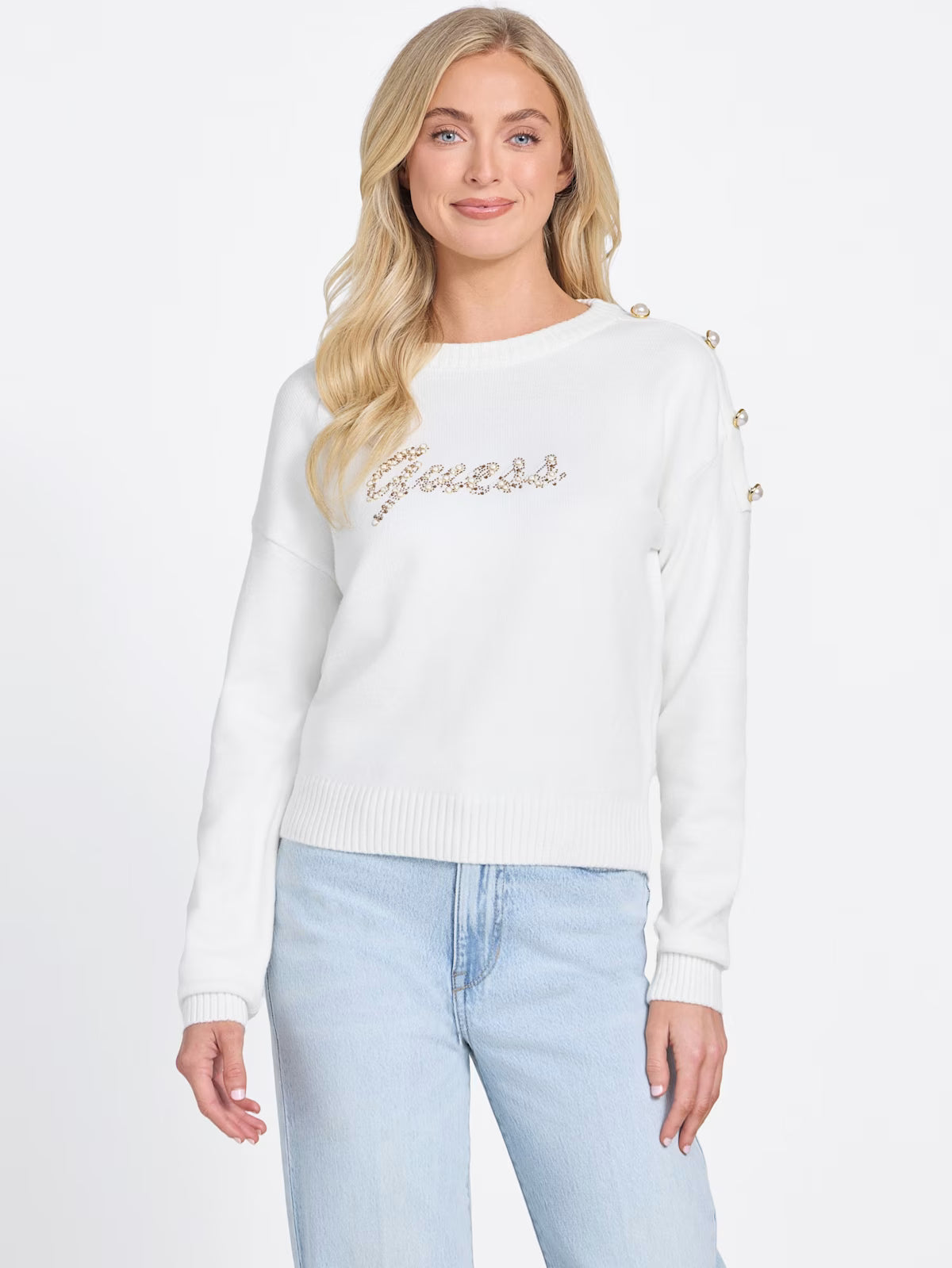 Womens' GUESS Erin Beaded Logo Sweater White