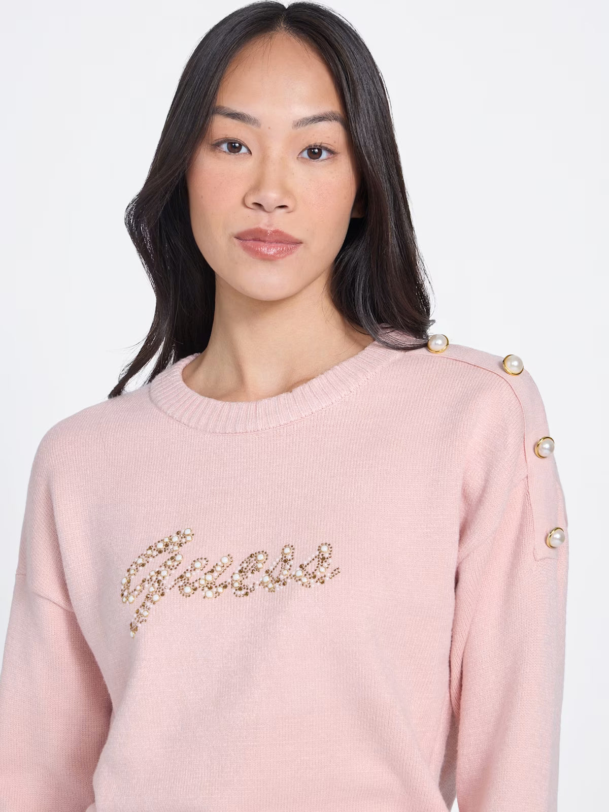Womens' GUESS Erin Beaded Logo Sweater PINK
