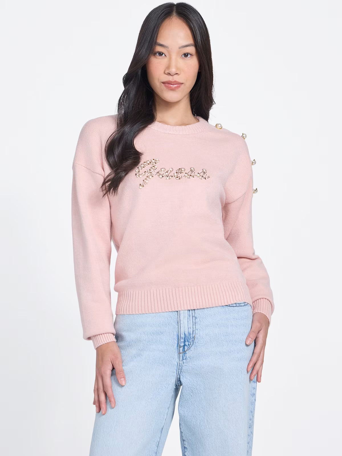 Womens' GUESS Erin Beaded Logo Sweater PINK