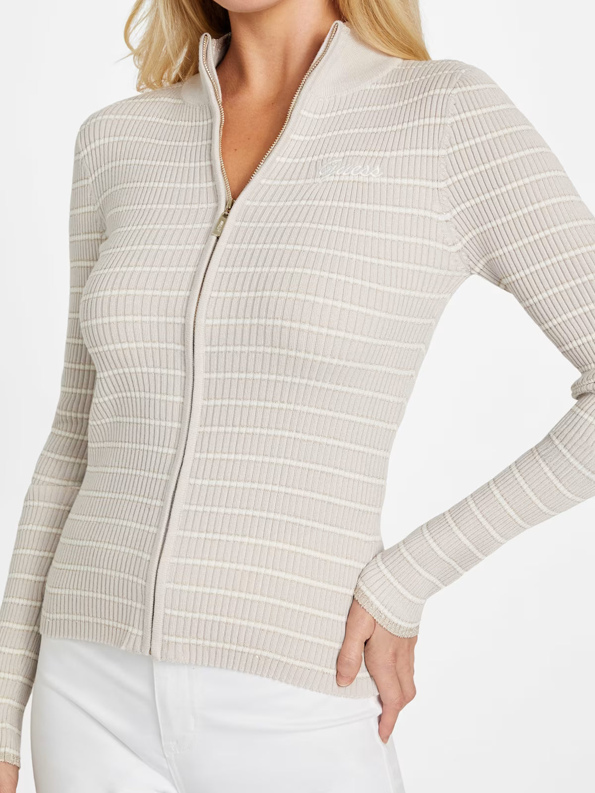 Guess Womens' Zinnia Striped Zip Sweater Beige