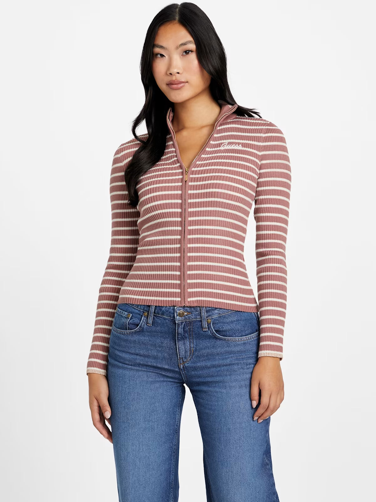 Guess Womens' Zinnia Striped Zip Sweater Pink
