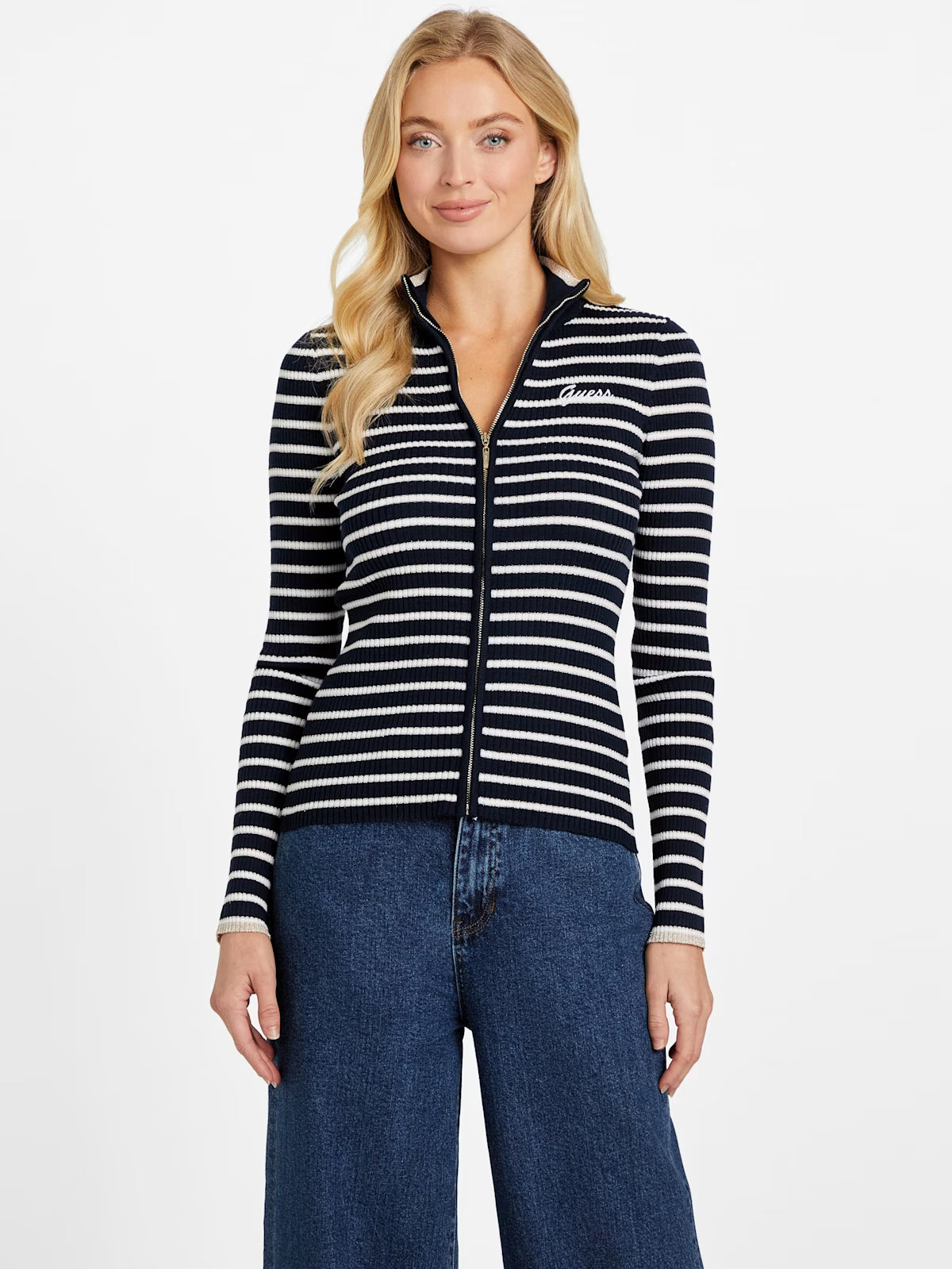 Guess Womens' Zinnia Striped Zip Sweater bLUE