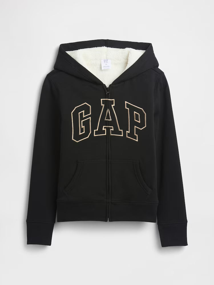 Girls Gap Black Logo Sherpa-Lined Zip Up Hoodie