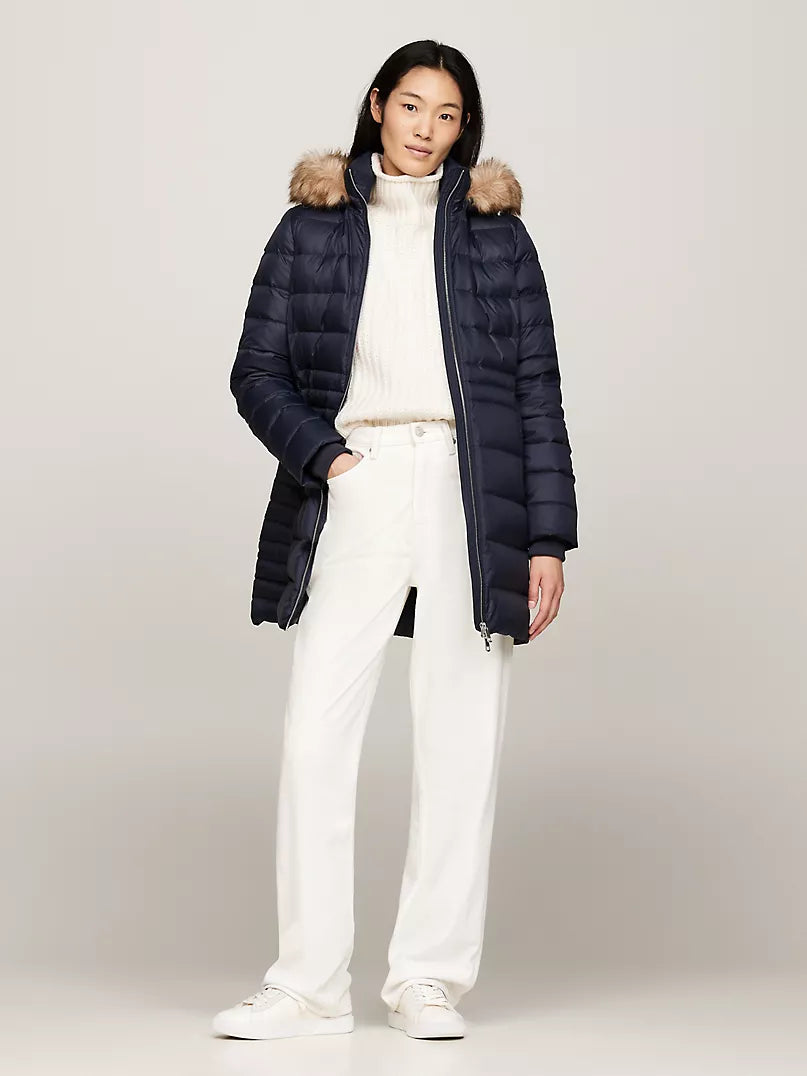 Tommy Hilfiger WOMENS' Hooded Water-Repellent Down Coat-NAVY