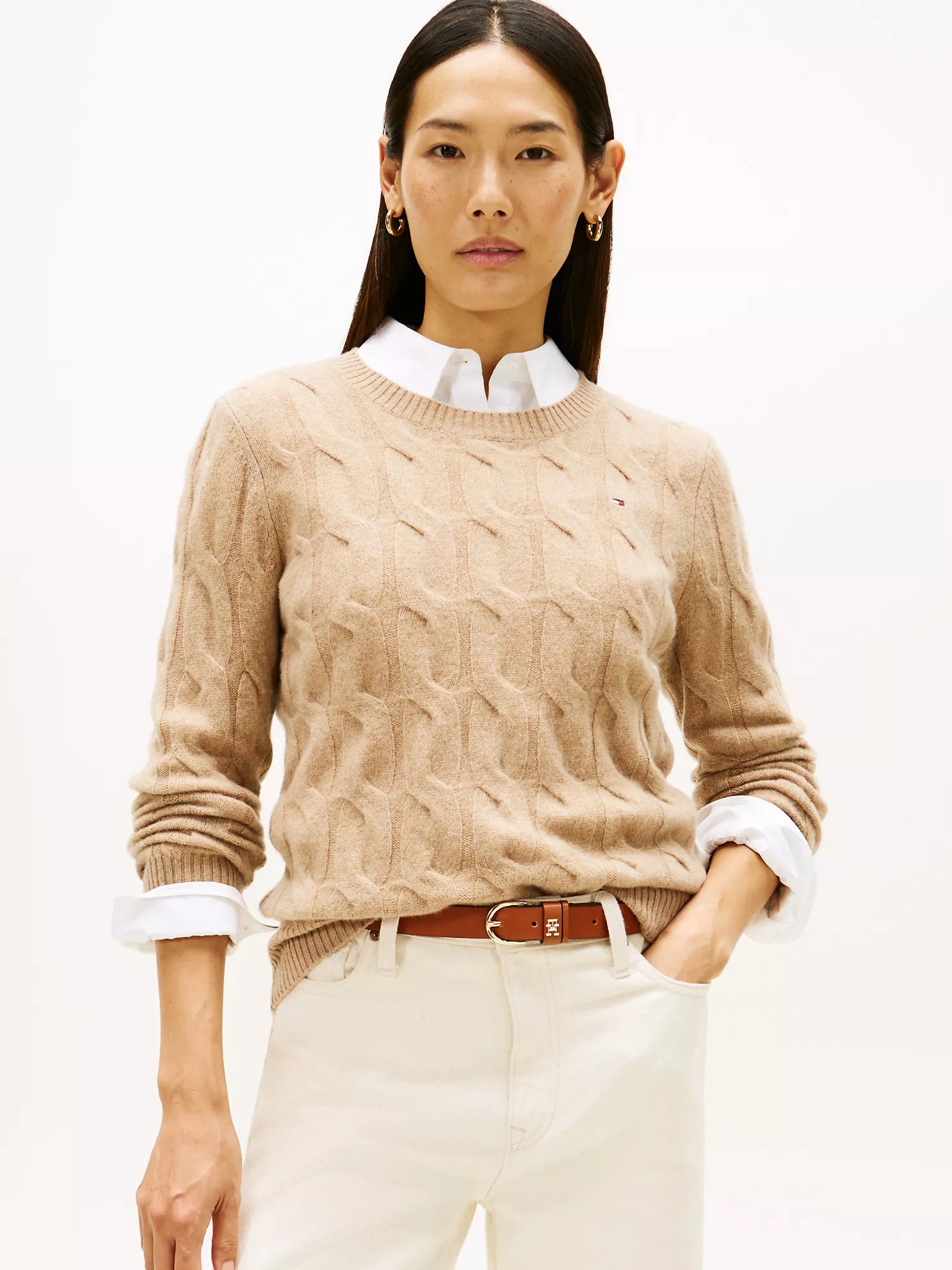 Womens' TOMMY Wool Cable Knit Sweater Safari Canvas Heather