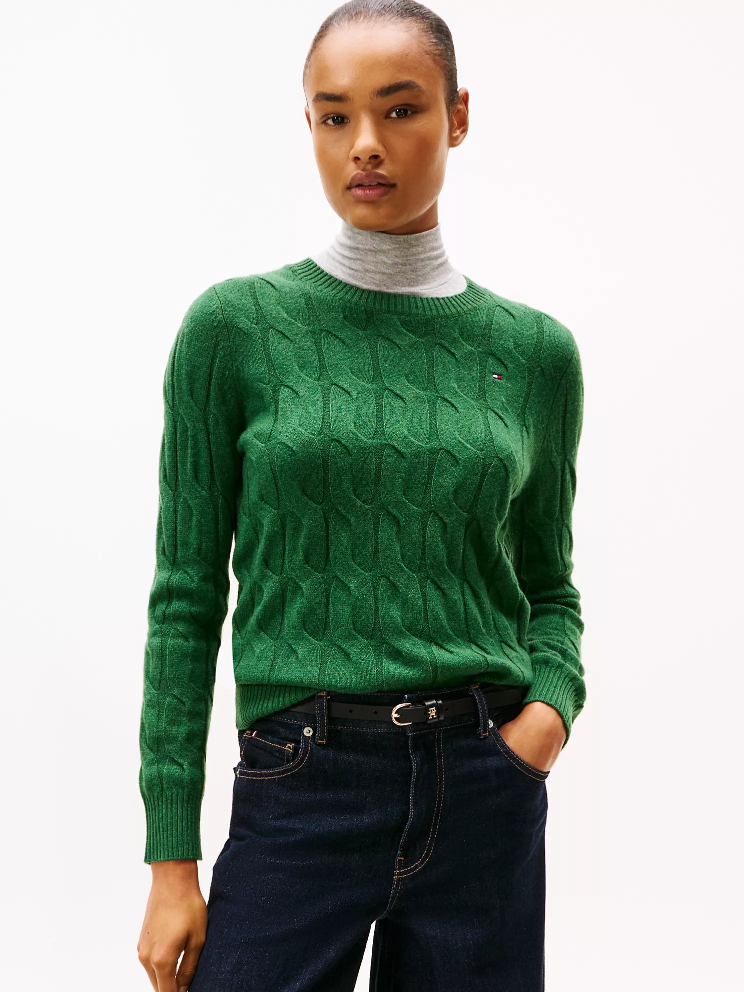 Womens' TOMMY Wool Cable Knit Sweater Deep Evergreen