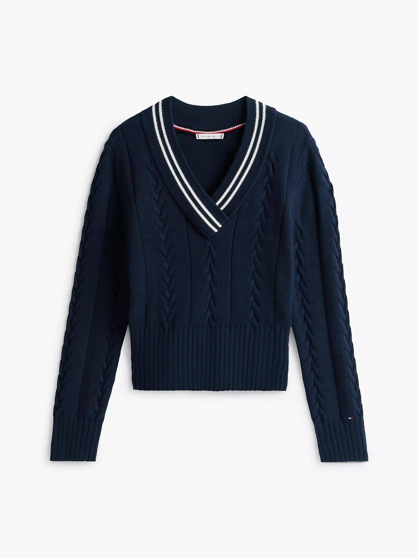 Womens' TOMMY Cable Knit V-Neck Sweater Dark Blue