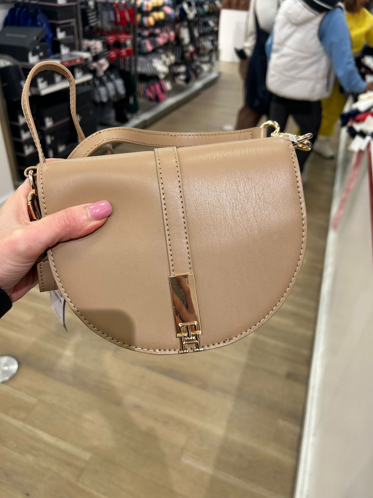Saddle-shaped crossbody bag with heritage logo-Beige