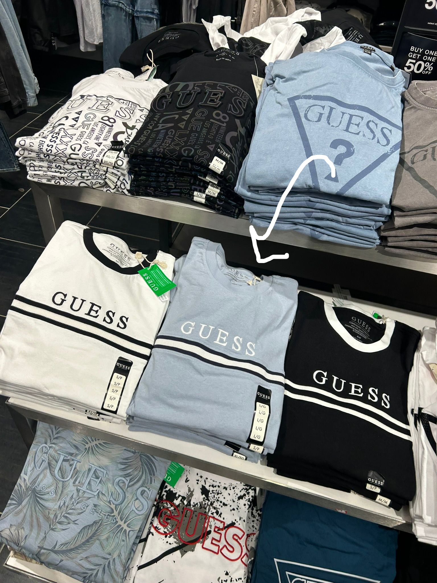 GUESS baby blue collar and horizontal black stripes Graphic T-Shirt-Baby Blue