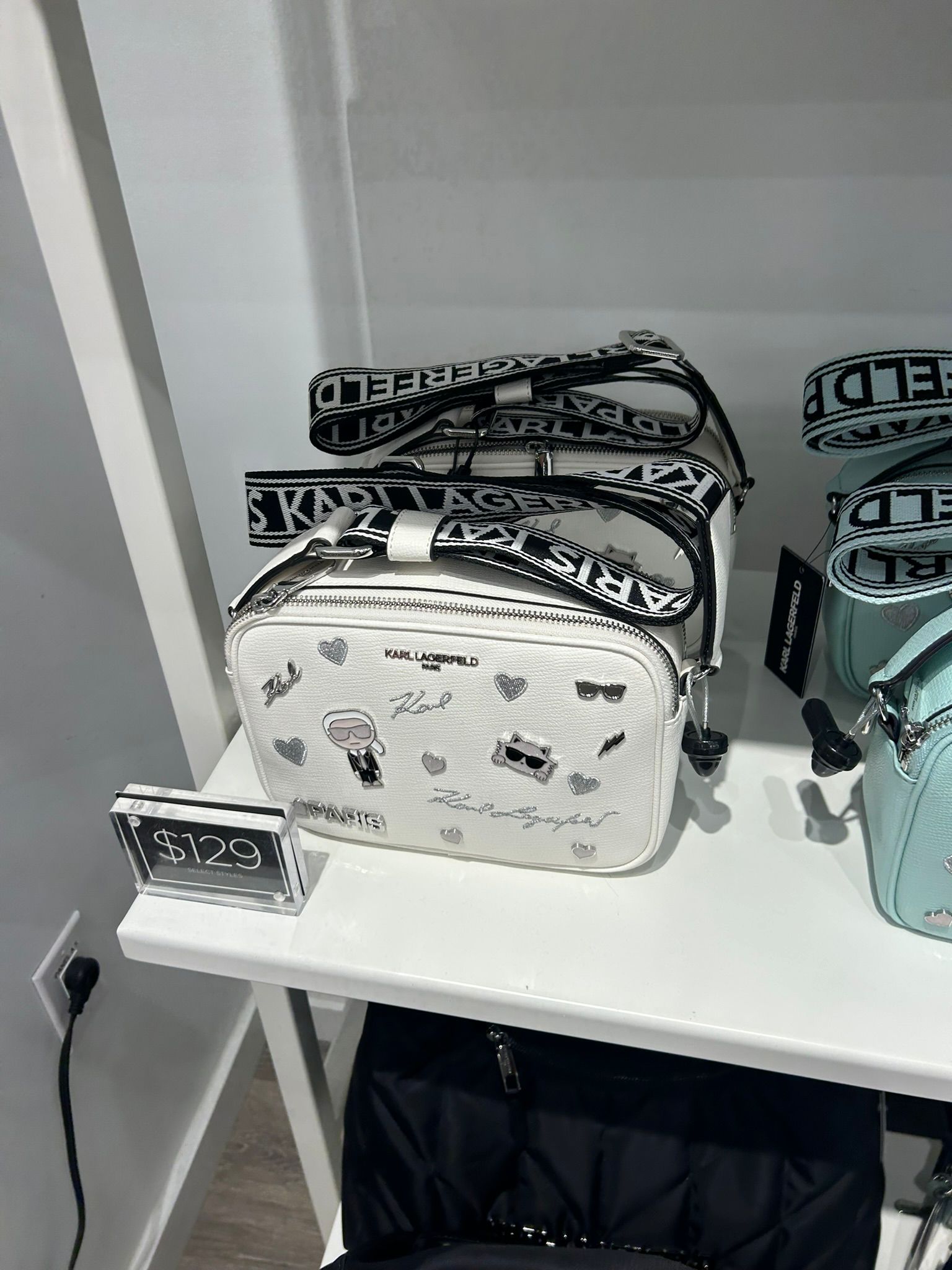 KARL LAGERFELD MAYBELLE CAMERA CROSSBODY WITH PINS-White