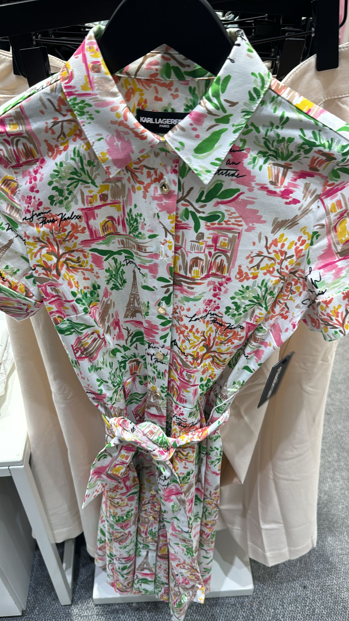 KARL LAGERFELD STRETCH-COTTON PRINTED PLEATED MIDI SHIRT DRESS -Soft White/Pink Carnation