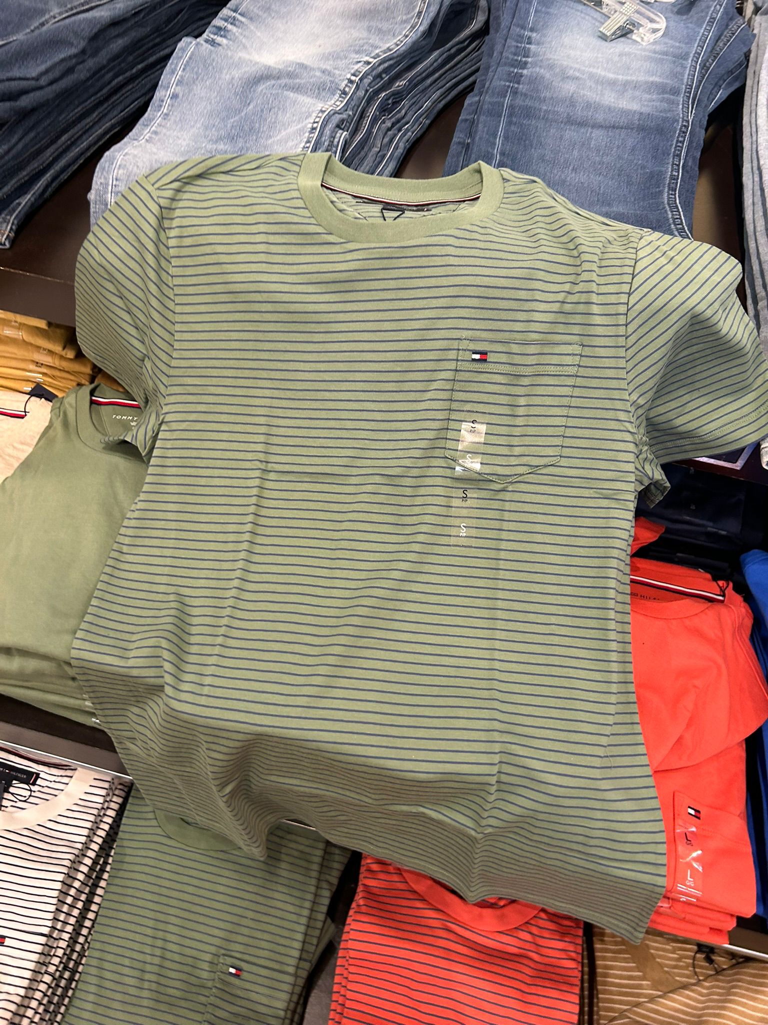Tommy Hilfiger Men's Striped Pocket T-Shirt-Desert Olive Stripe