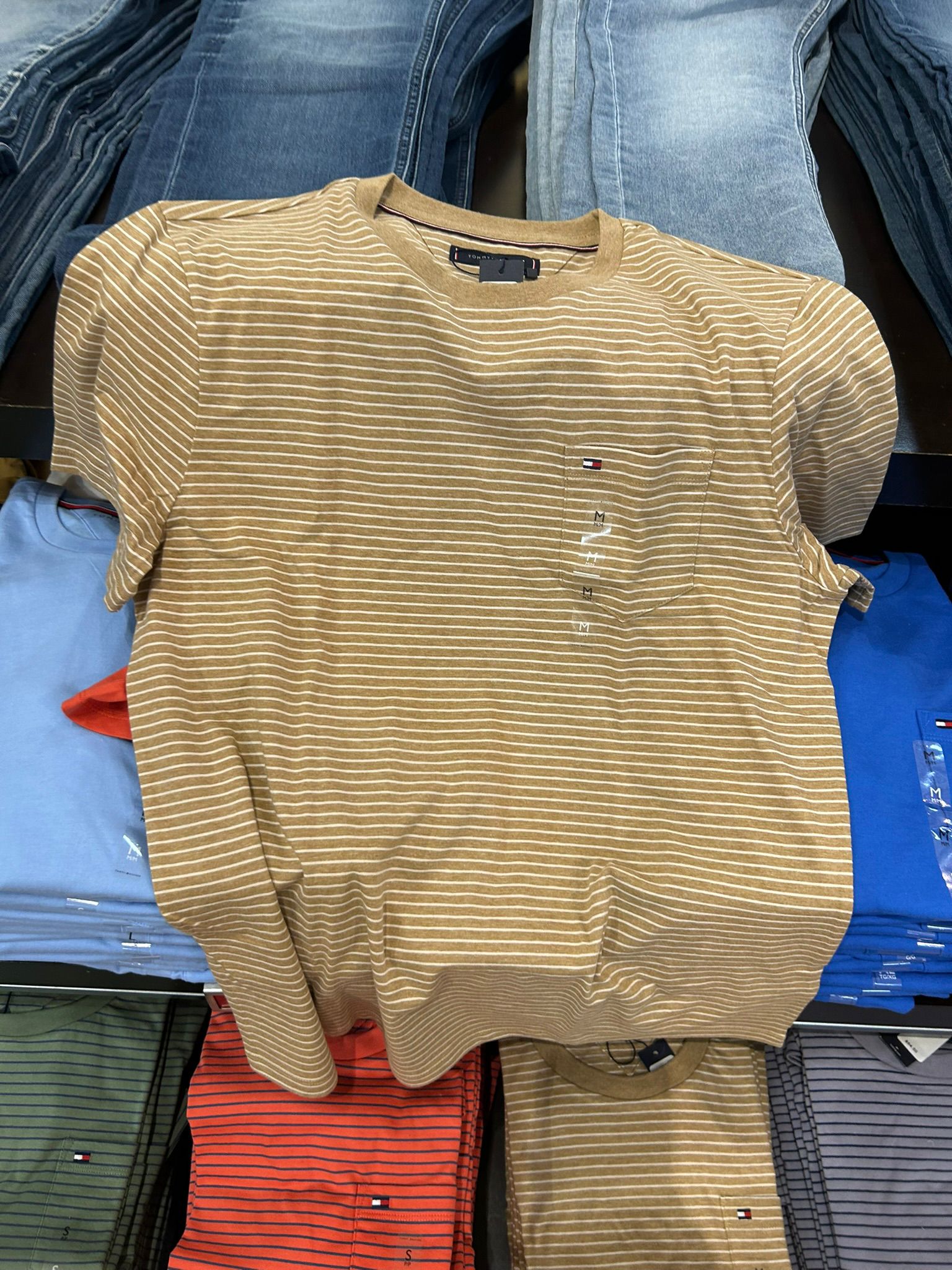 Tommy Hilfiger Men's Striped Pocket T-Shirt-Iconic Camel Heather Stripe