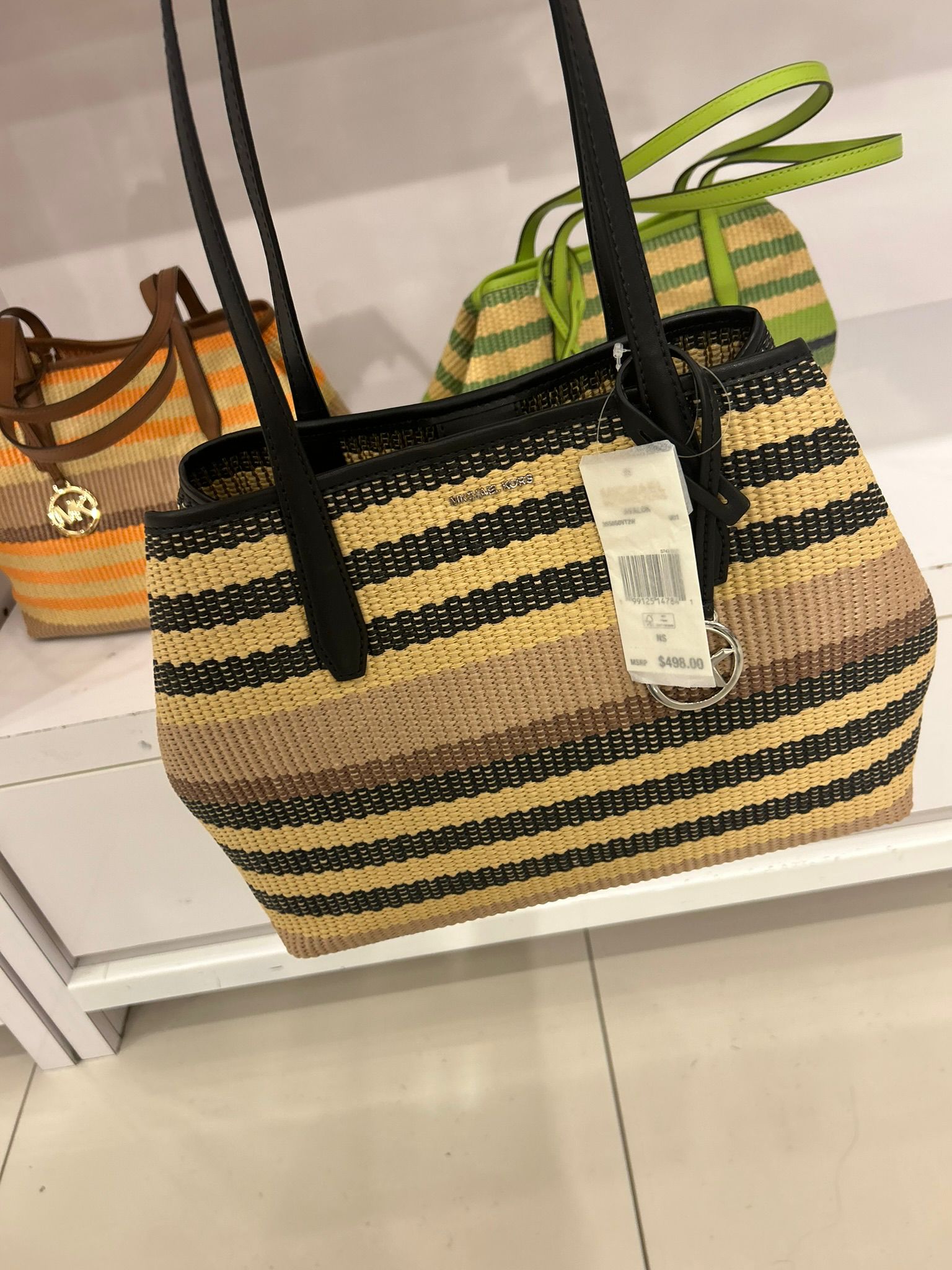 Michael Kors Women's Avalon Medium Striped Woven Tote Bag-Black