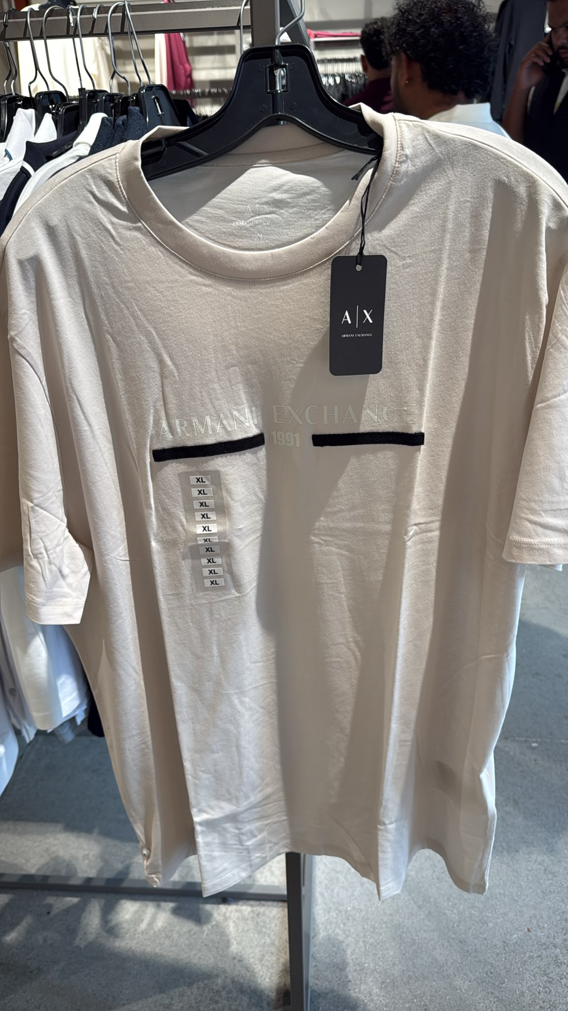 Armani Exchange Men's Chest Stripe Crew-Neck T-Shirt-Beige / Off-White