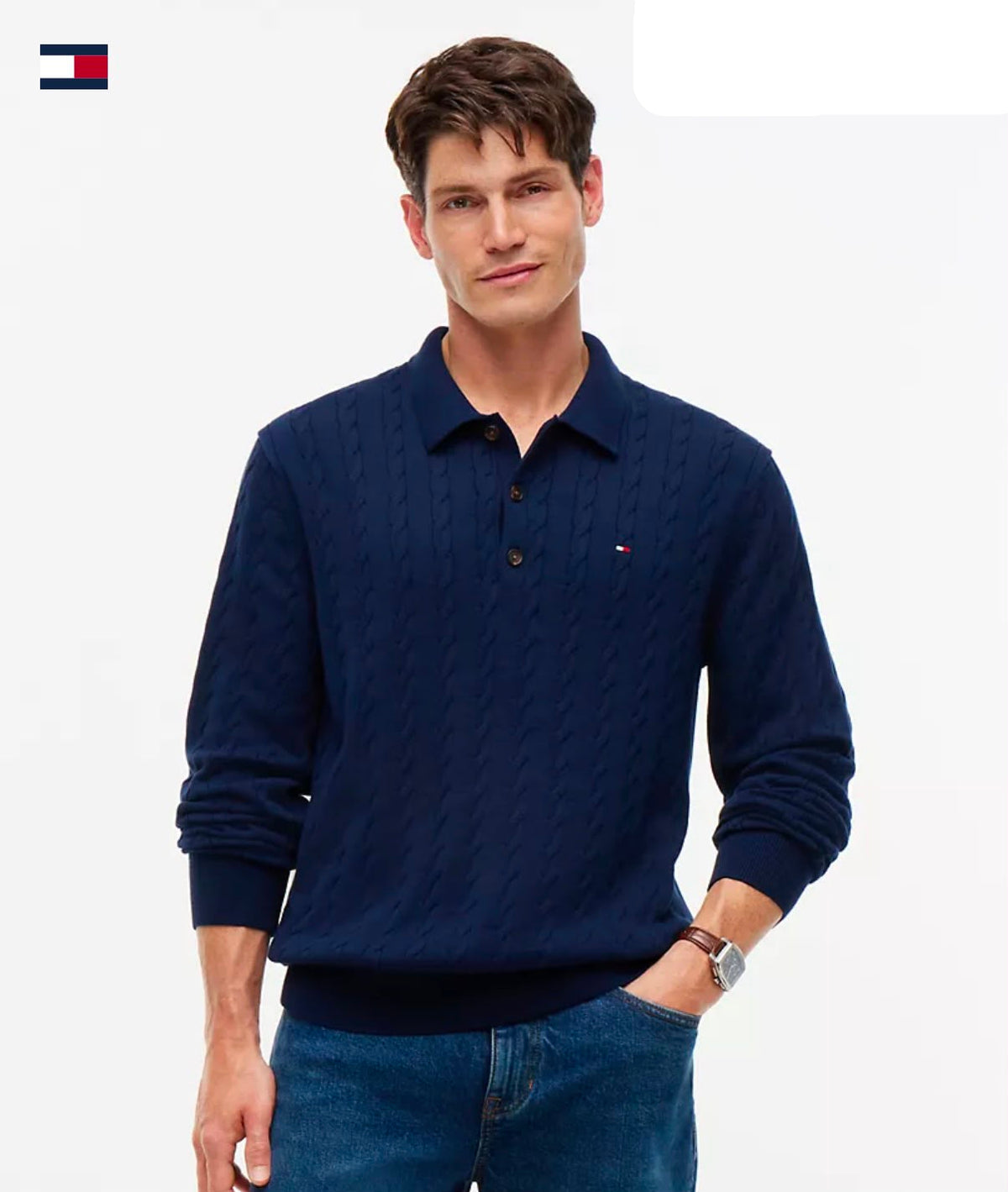 Tommy Long-Sleeve Cable Knit Sweater Polo-Carbon Navy