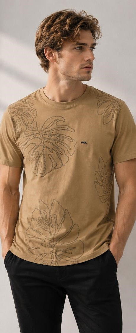 Karl Lagerfeld Monstera Leaf Graphic T-Shirt-Khaki