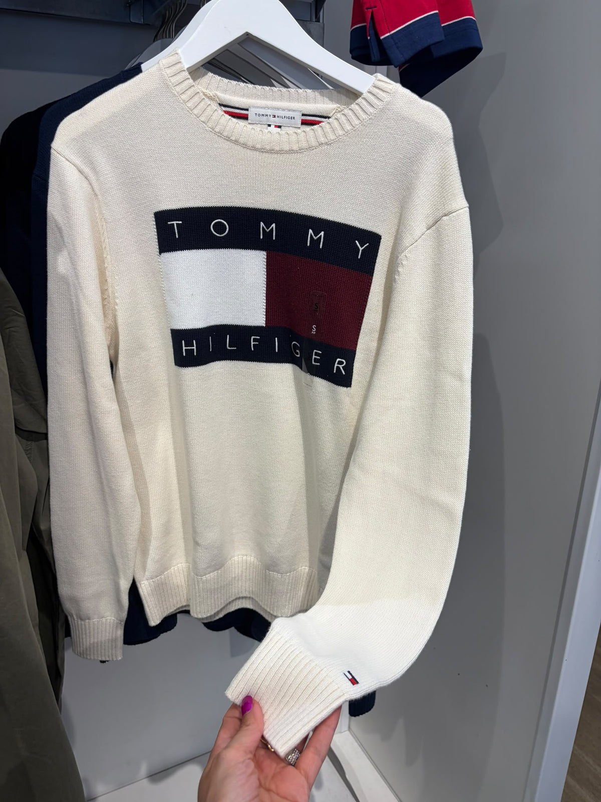 Tommy Intarsia Flag Logo Crewneck Sweater- Ivory Petal