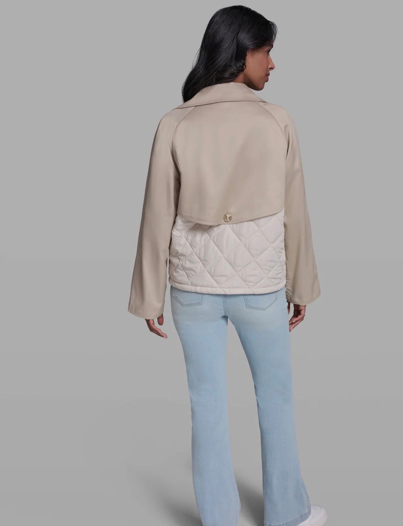 KARL LAGERFELD CROPPED COTTON AND TENCEL-BLEND MIXED-MEDIA TRENCH JACKET-Bisque