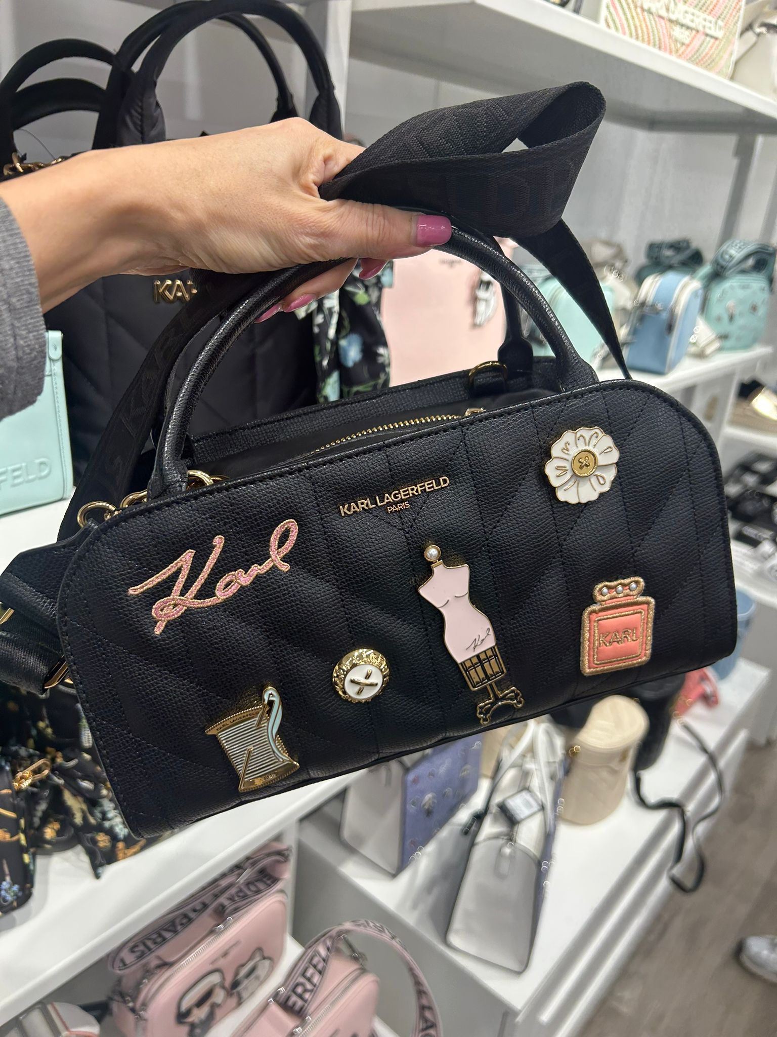 KARL WOMEN'S MAYBELLE SATCHEL WITH PINS-Black/Gold