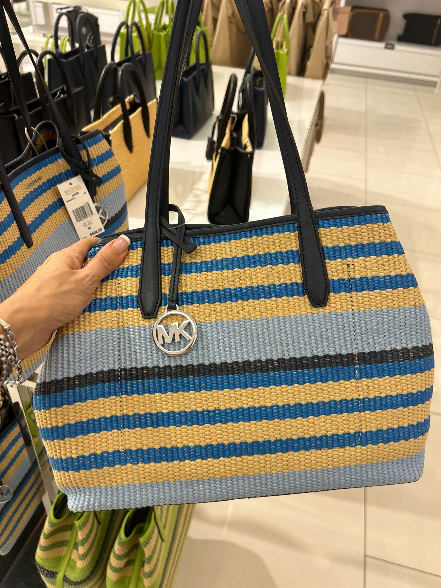 Michael Kors Women's Avalon Medium Striped Woven Tote Bag-Navy