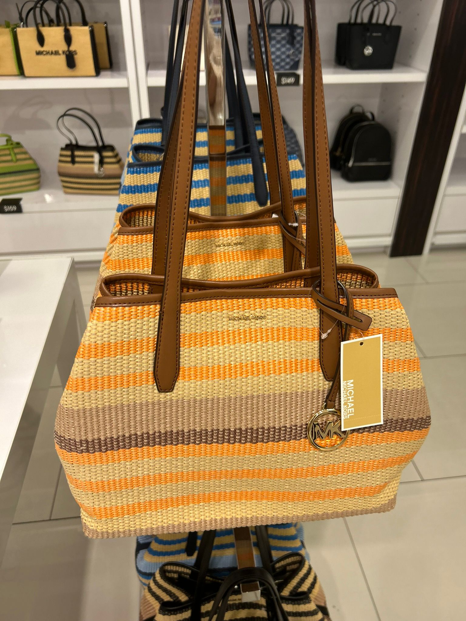 Michael Kors Women's Avalon Medium Striped Woven Tote Bag-RAD ORNGE ML