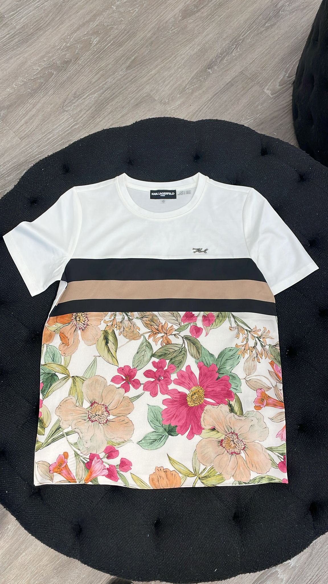 Karl Lagerfeld Floral Mixed Media Colorblock T-Shirt-Soft White