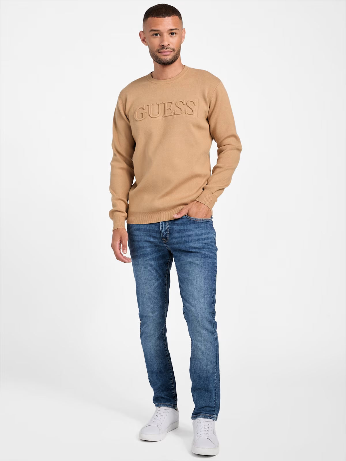 Guess MENS' Astero Logo Sweater Beige