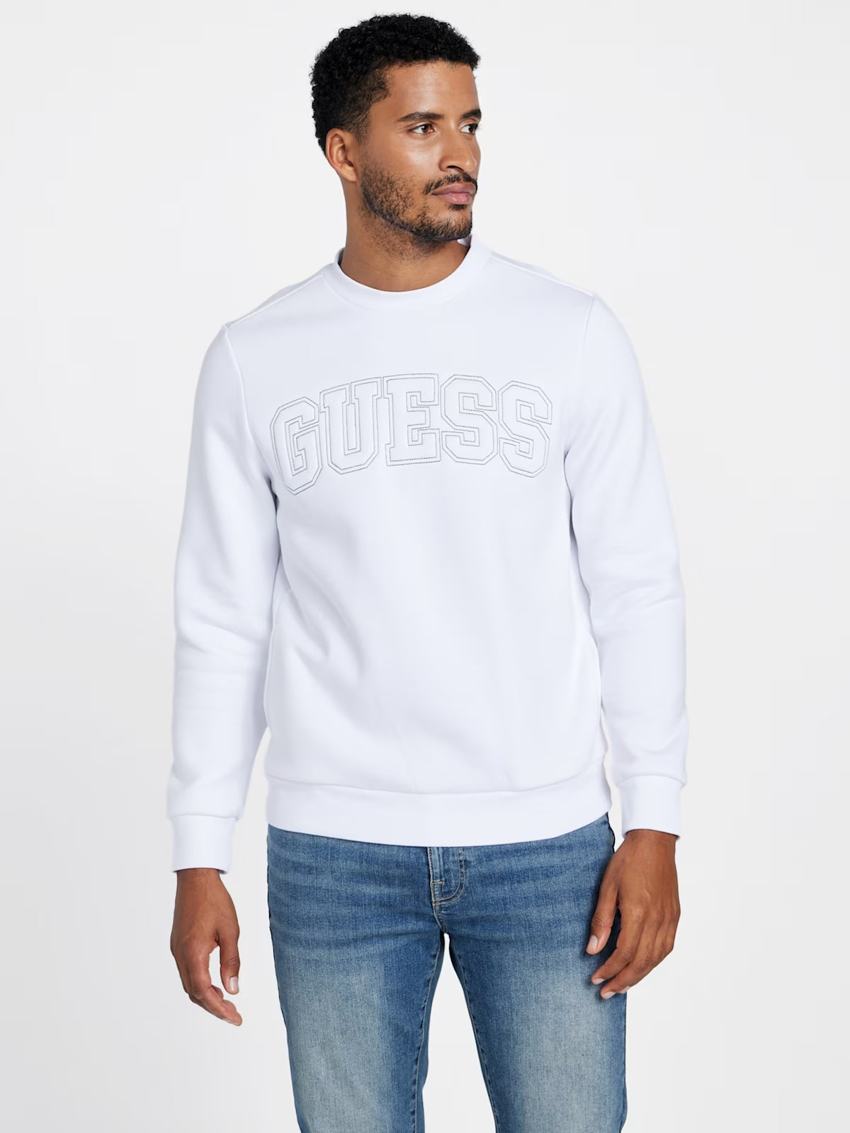 GUESS Mens' Saul Logo Crewneck Pullover WHITE