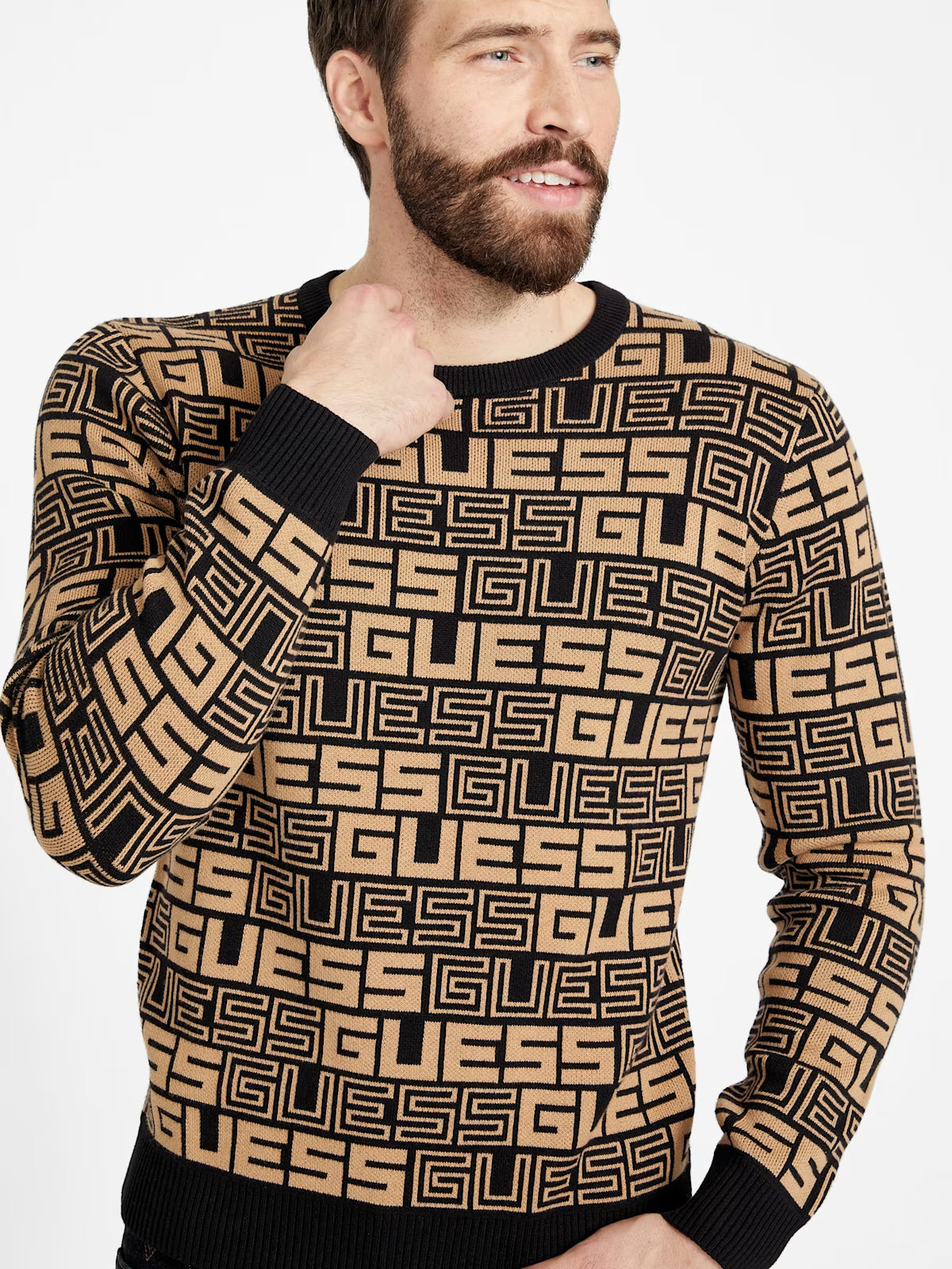 Guess MENS' Hertz Plaid Sweater Paco Logo Sweater Beige