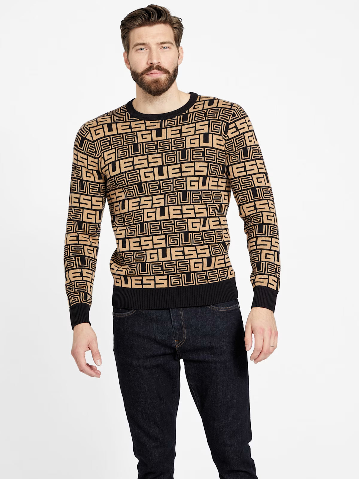 Guess MENS' Hertz Plaid Sweater Paco Logo Sweater Beige