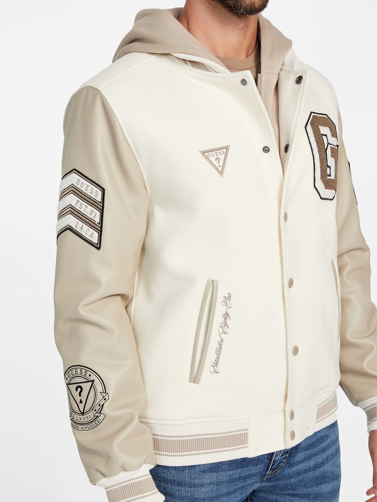GUESS Mens' Lark Varsity Jacket Beige