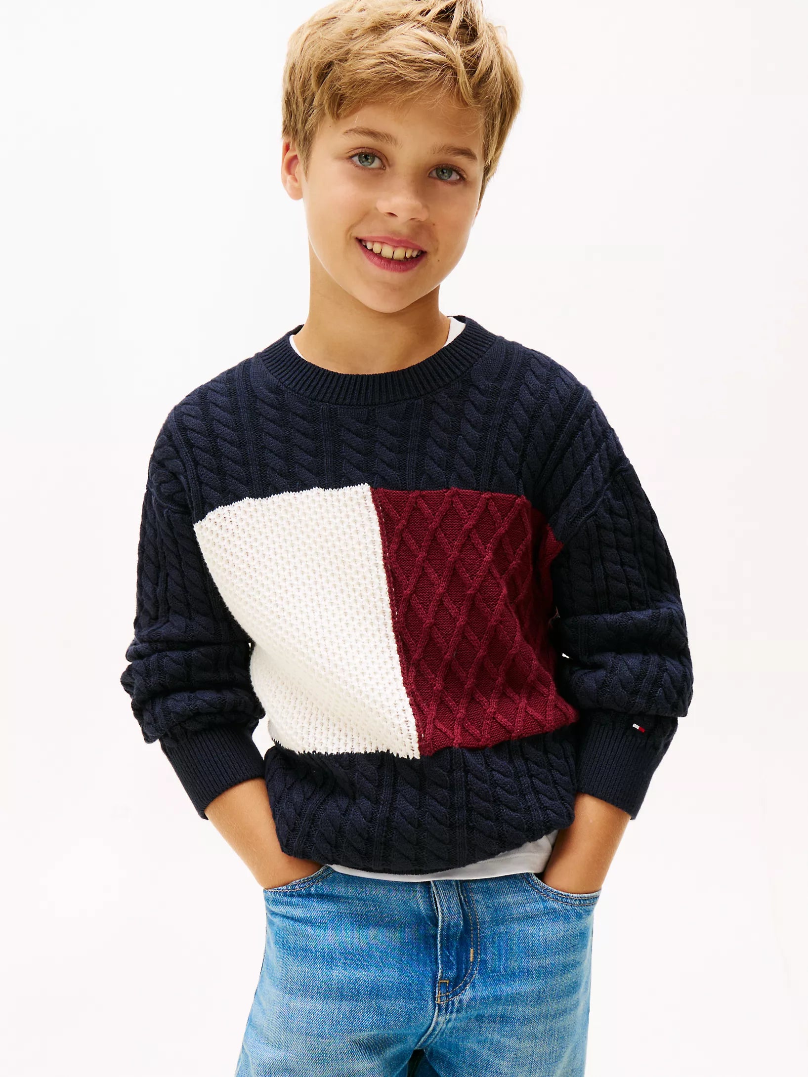 BOY Tommy Flag Logo Cable Knit Sweater NAVY