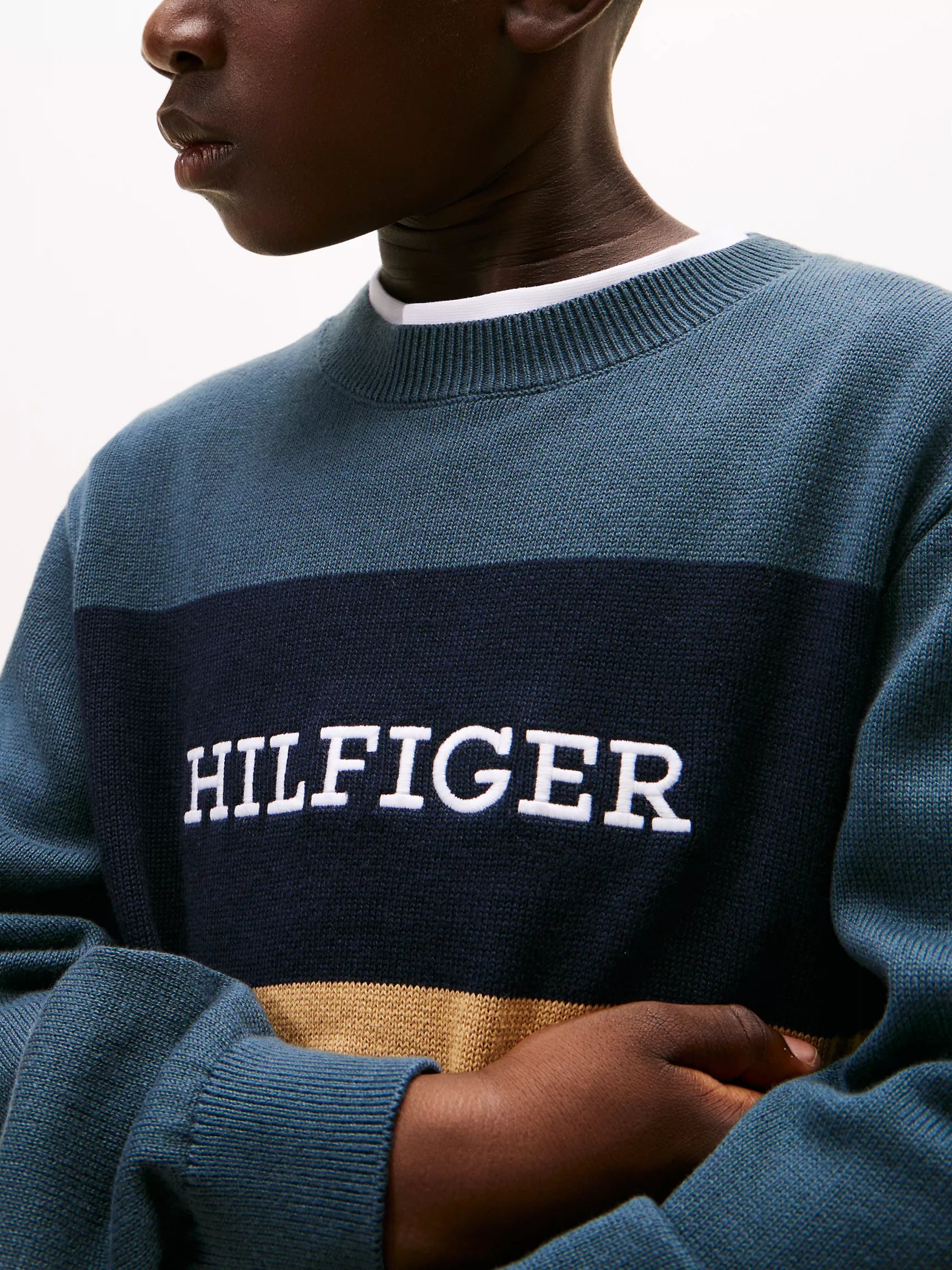 BOY Tommy Colorblock Logo Crewneck Sweater Military Denim