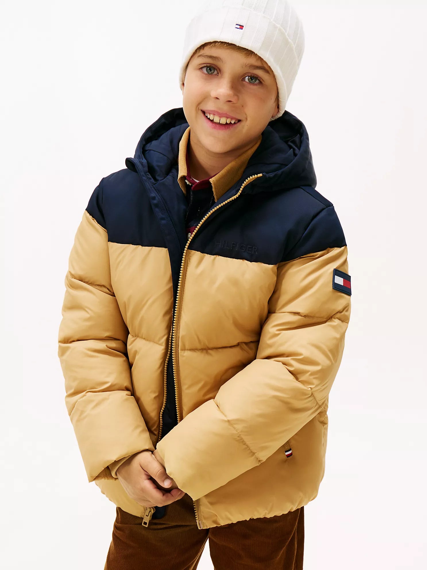 TOMMY Boys' Hooded Colorblock Puffer Jacket Classic Khaki