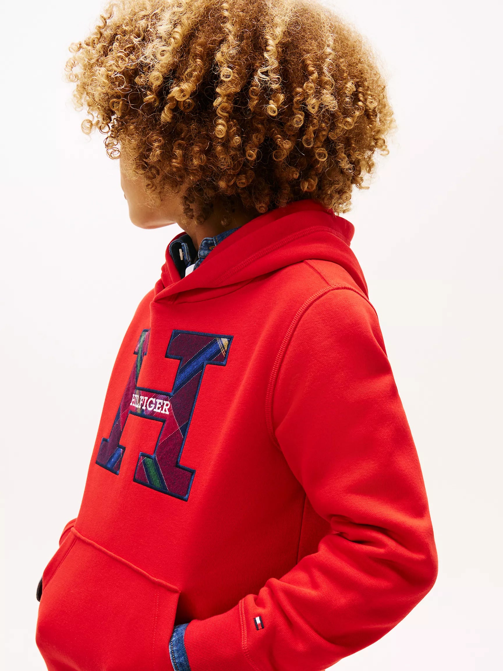 TOMMY Boys' Plaid Logo Pullover Hoodie Deep Crimson