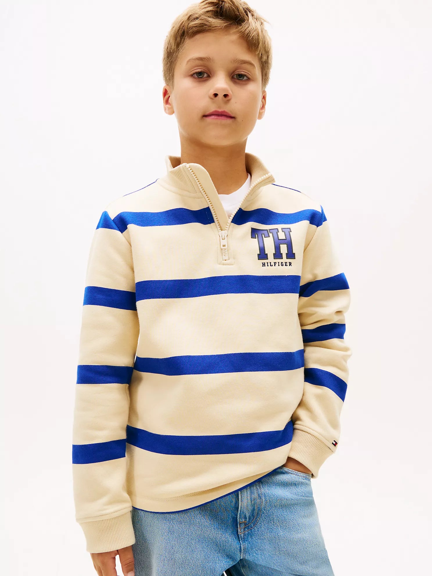 BOY Tommy Logo Stripe Quarter-Zip Sweatshirt Country Ivory