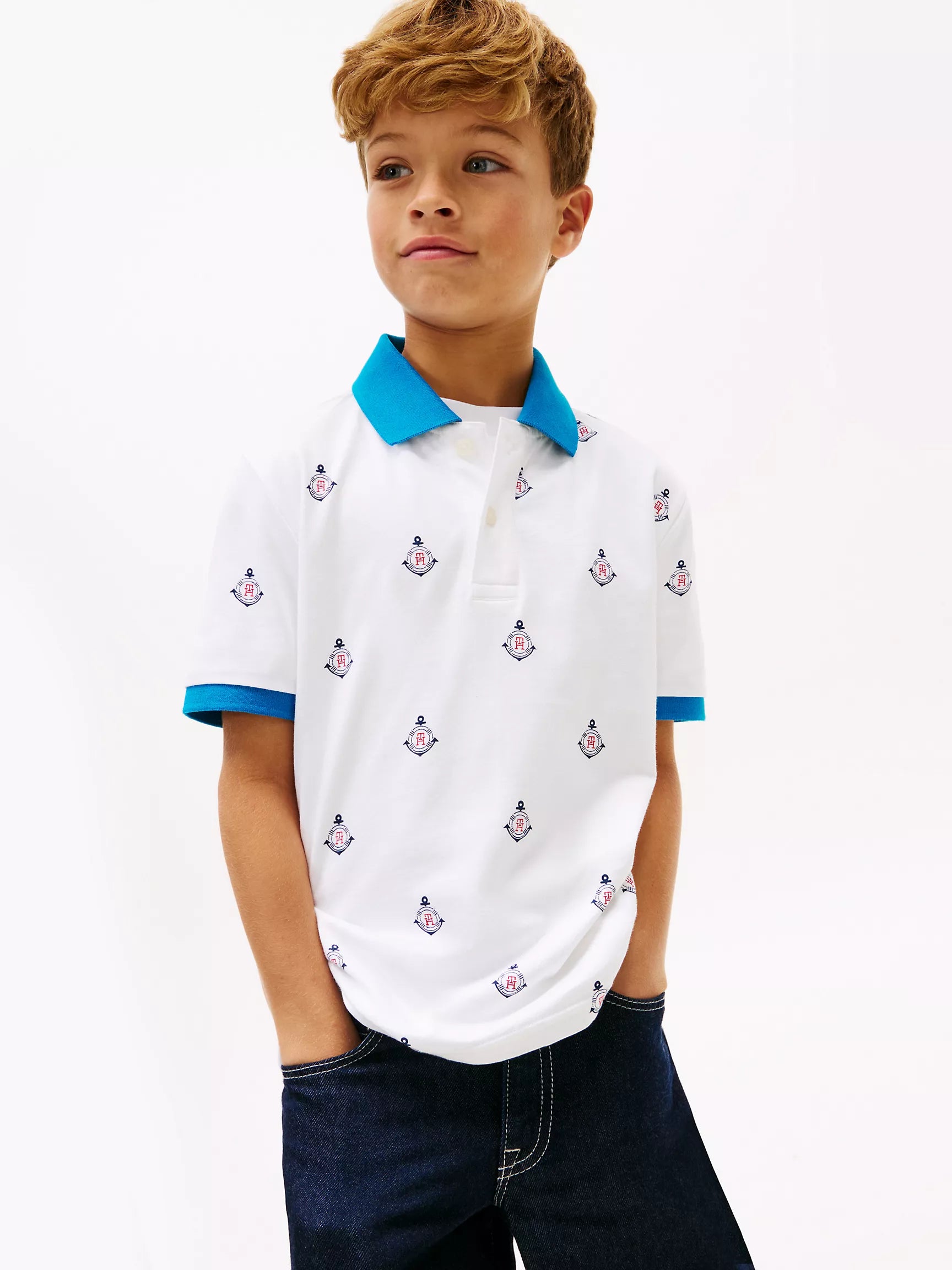 Tommy Hilfiger Kids' Allover Nautical Logo Stretch Polo-Optic White