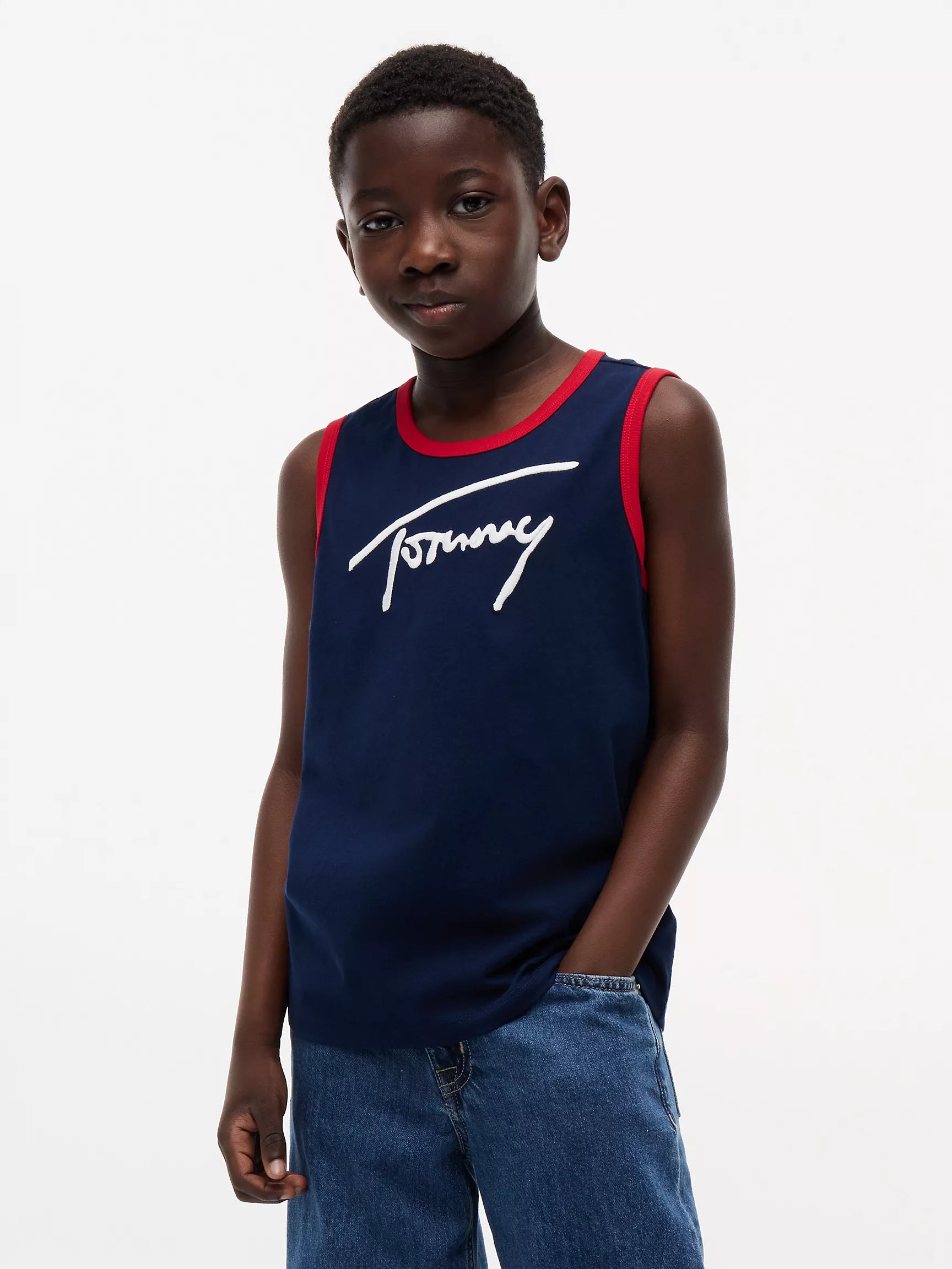 Boys' Script Tommy Logo Tank Top-Light Navy