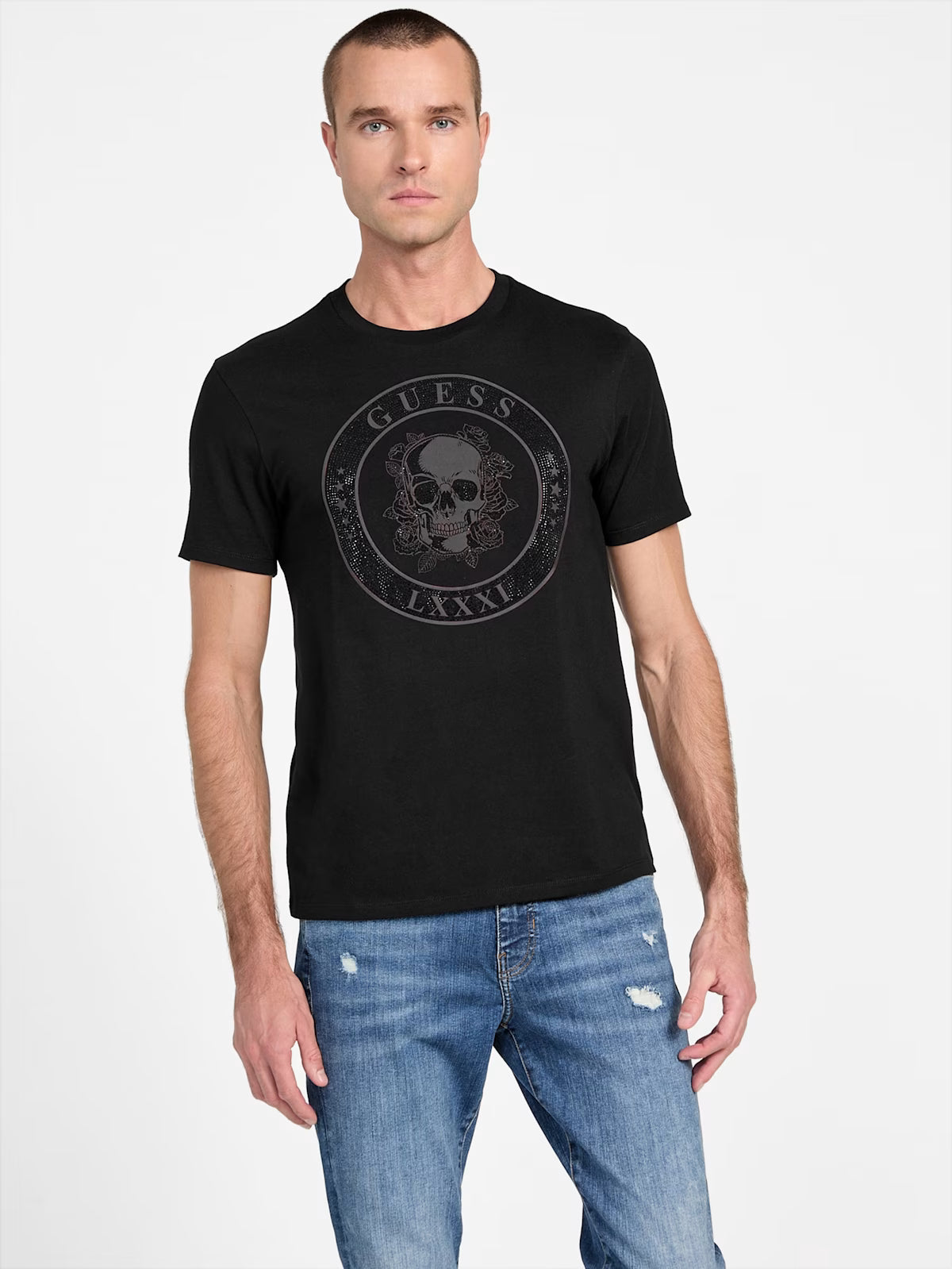 Guess Mens' Vello Rhinestone Skull Tee BLACK