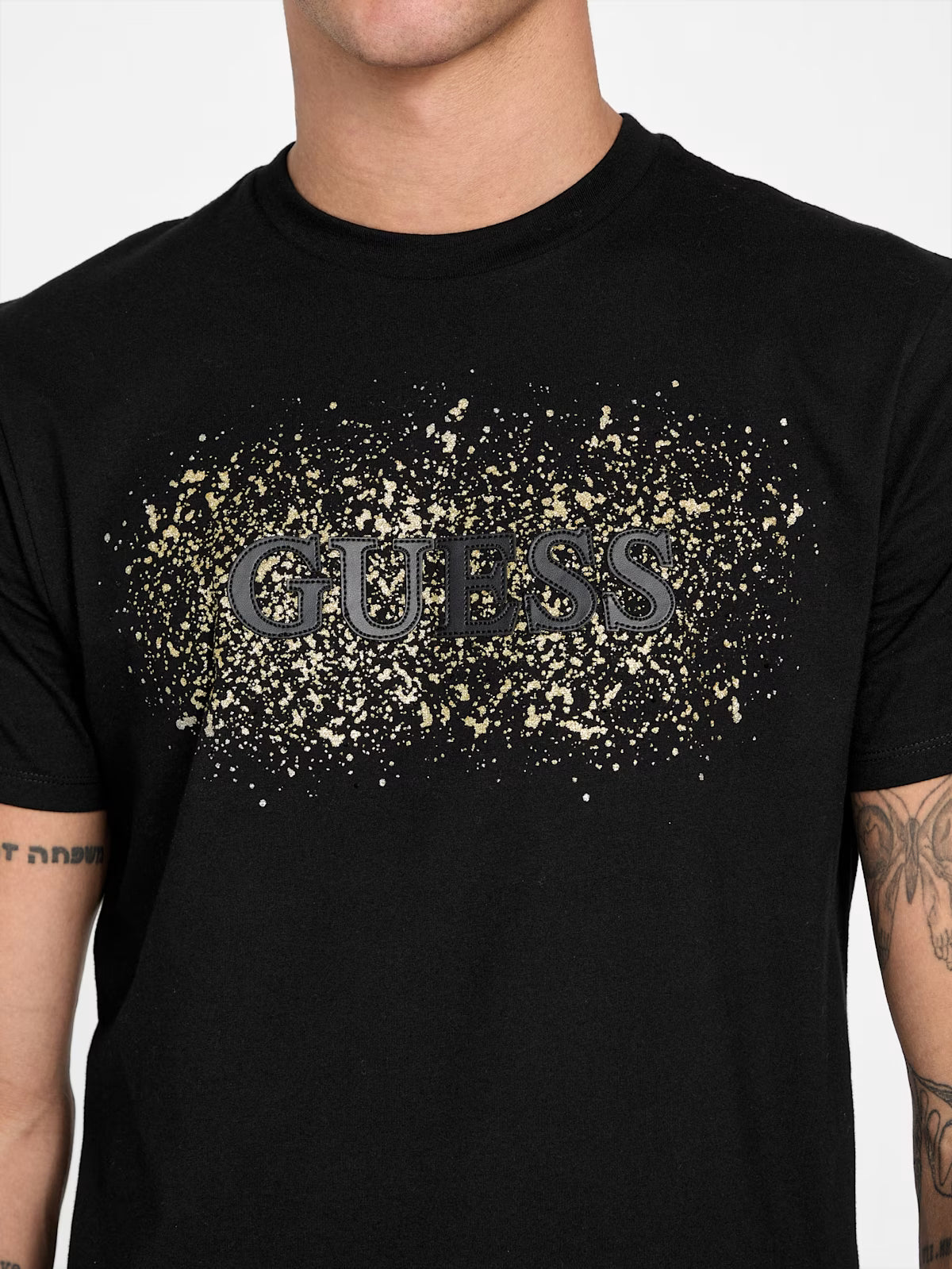 GUESS MENS' Frank Faux-Leather Logo Tee