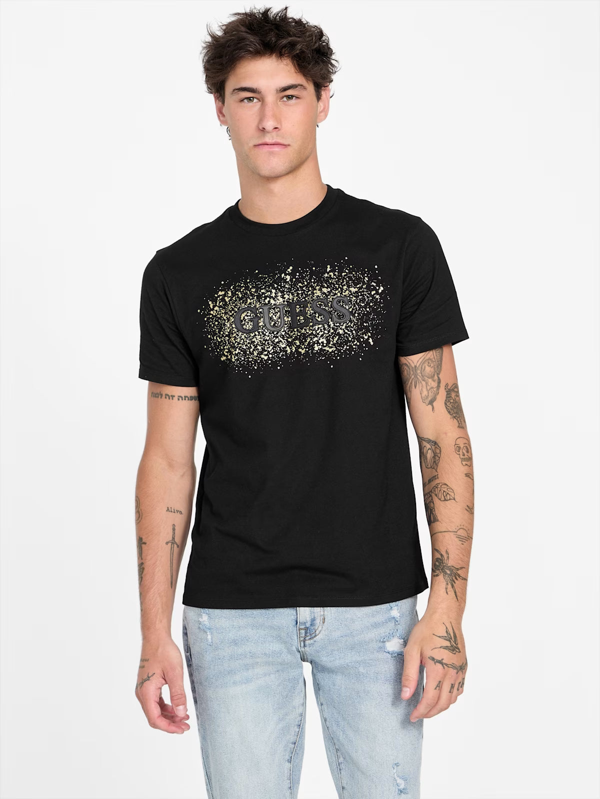 GUESS MENS' Frank Faux-Leather Logo Tee