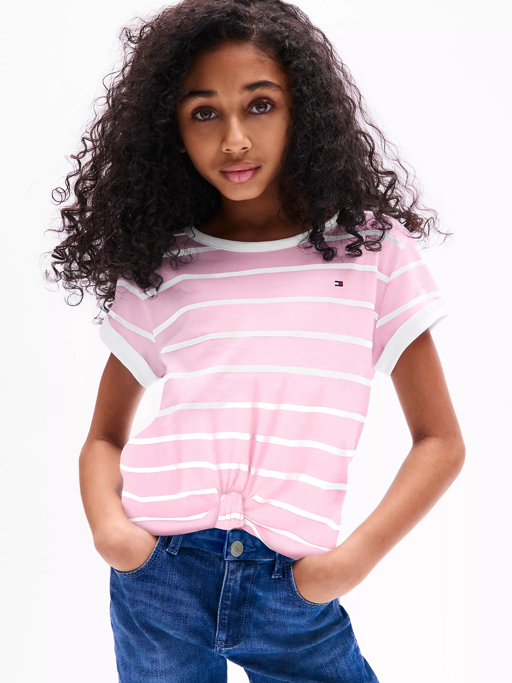 Tommy Girls' Stripe Knot-Hem T-Shirt /Classic Pink Stripe