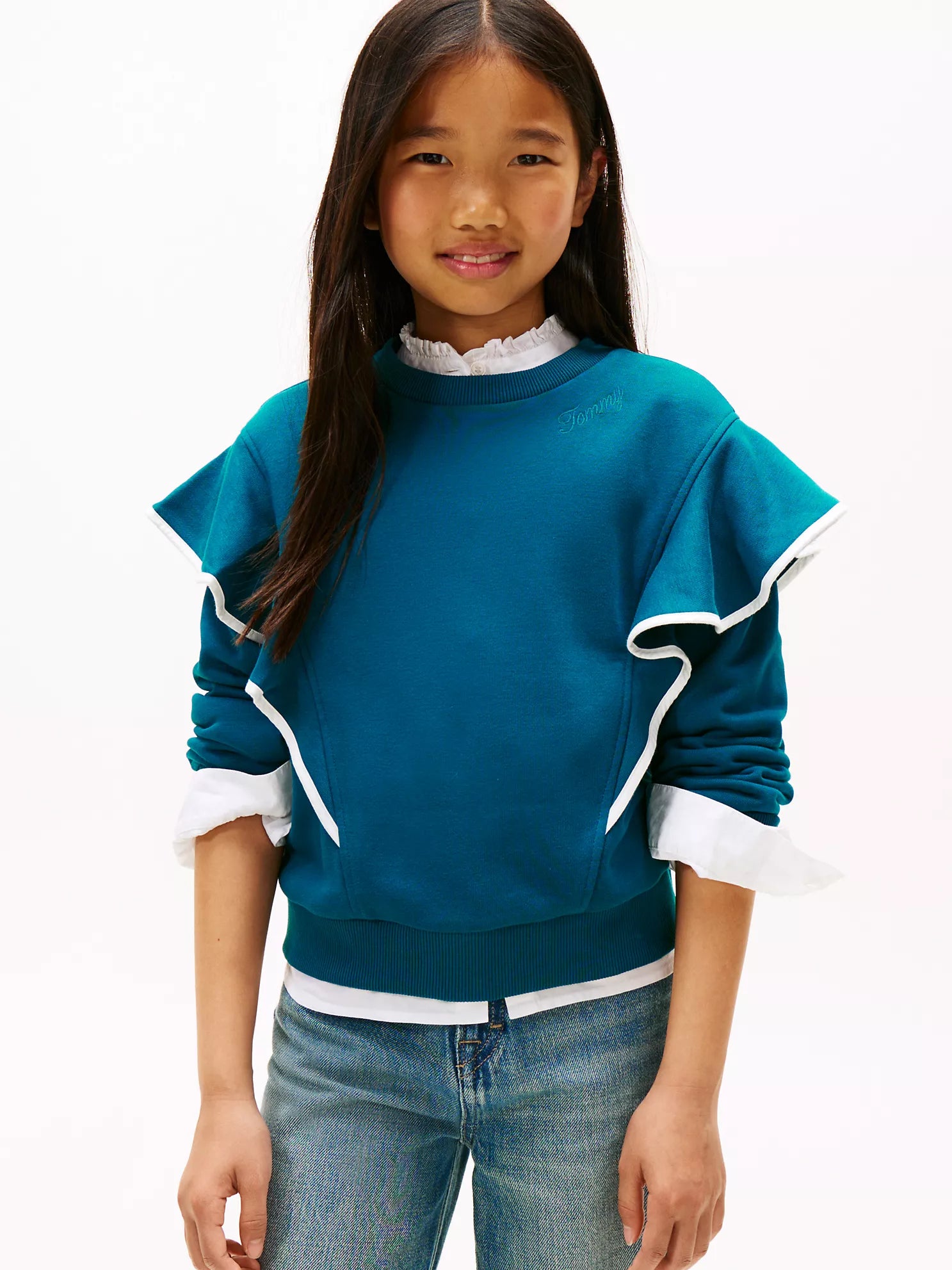 TOMMY Girls Ruffle Trim Fleece Sweatshirt Midnight Turquoise