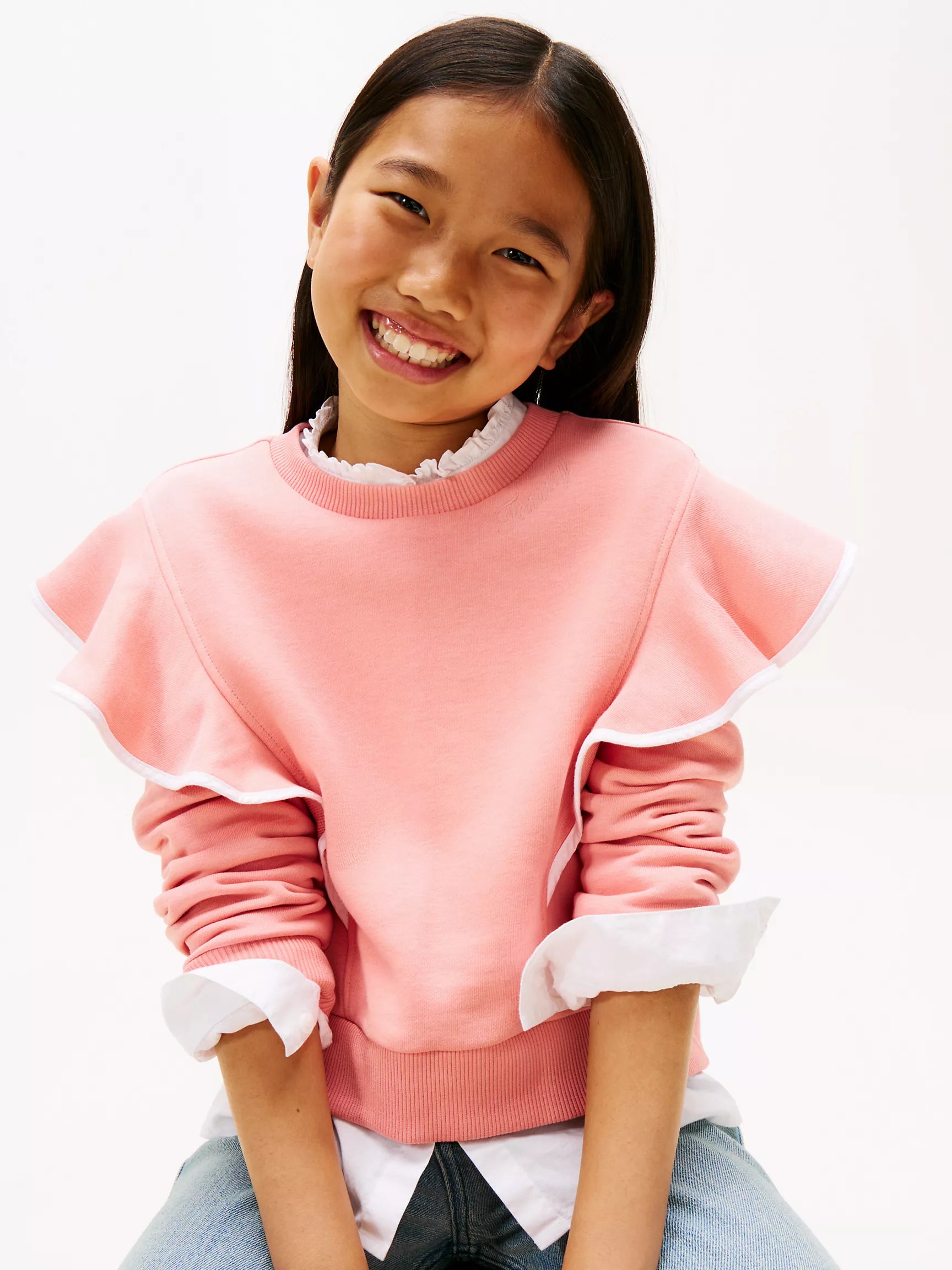 TOMMY Girls Ruffle Trim Fleece Sweatshirt Darling Pink