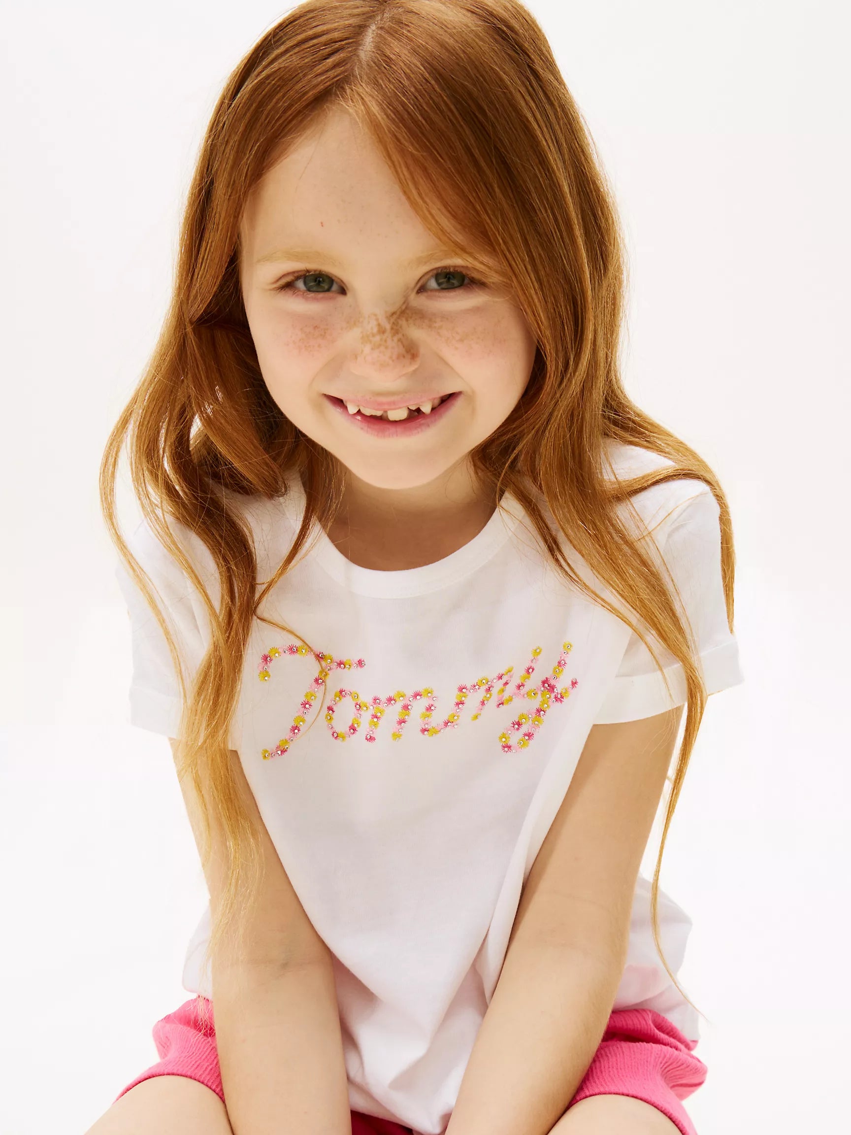 Girls' Tommy Daisy Logo Tie-Hem T-Shirt/Optic White