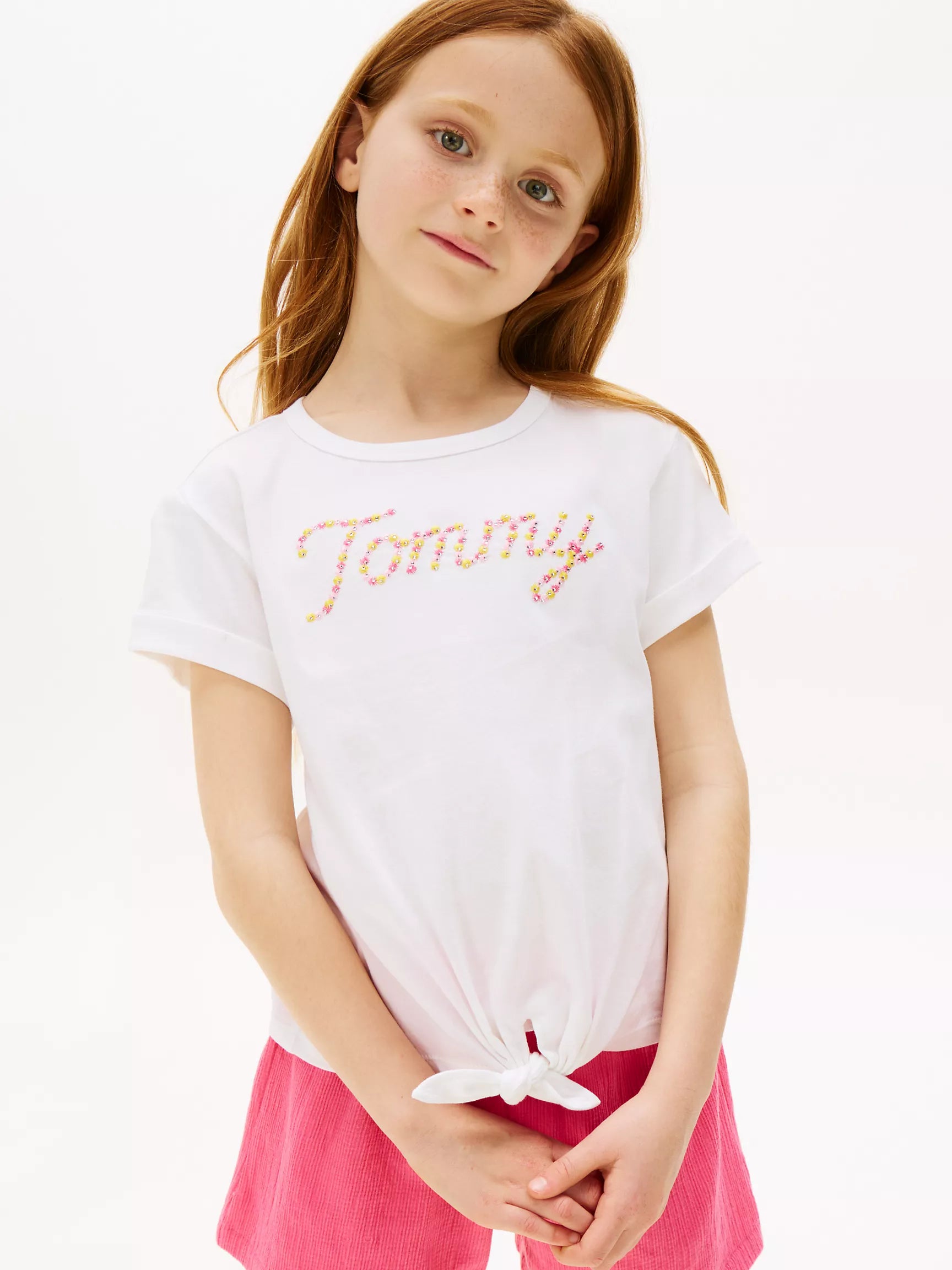 Girls' Tommy Daisy Logo Tie-Hem T-Shirt/Optic White