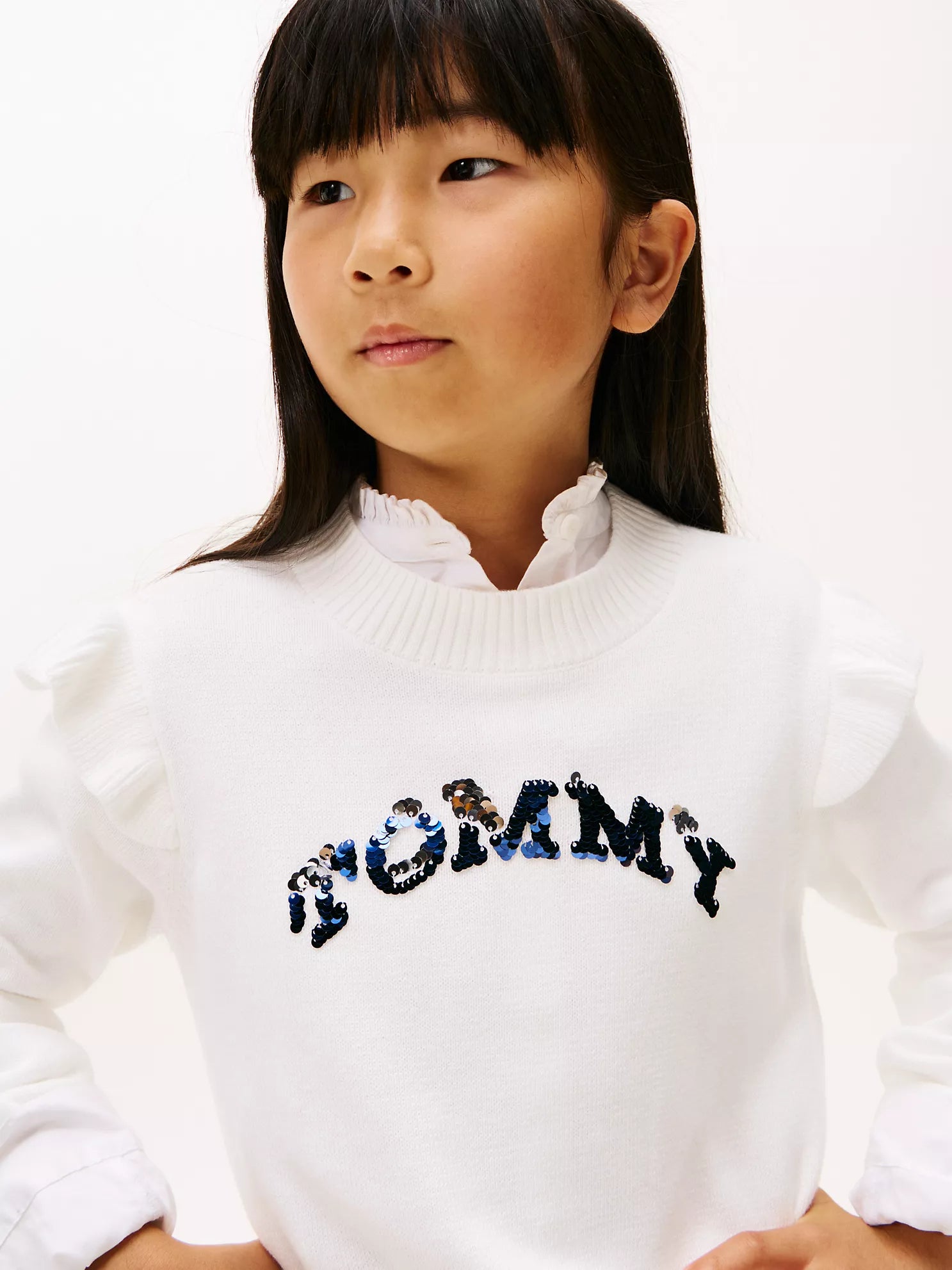 TOMMY Girls Sequin Logo Ruffle Sweater Ecru