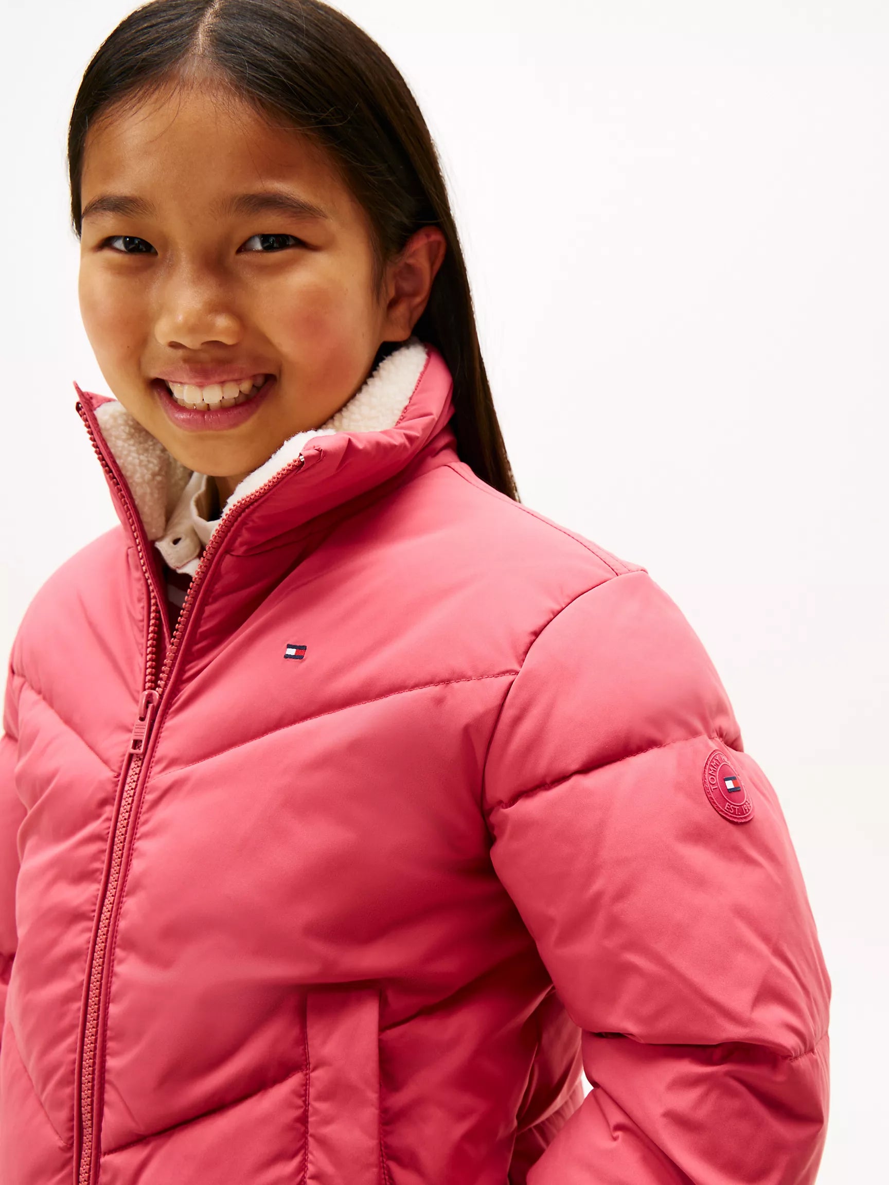 TOMMY Girls Teddy Collar Quilted Puffer Jacket Heritage Pink