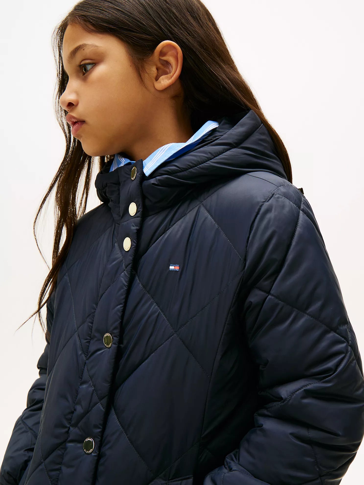 TOMMY Girls Kids' Quilted Hooded Puffer Jacket Navy Blue